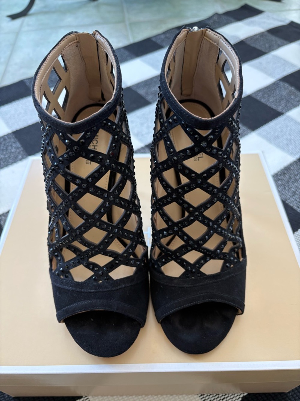 Michael Kors Yvonne Black Studded Open Toe Suede High Heel Bootie - Picture 5 of 12